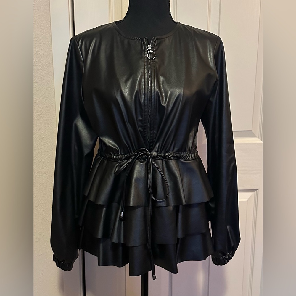 La Pateau Faux Leather Ruffle Tie Jacket Black Size Medium
